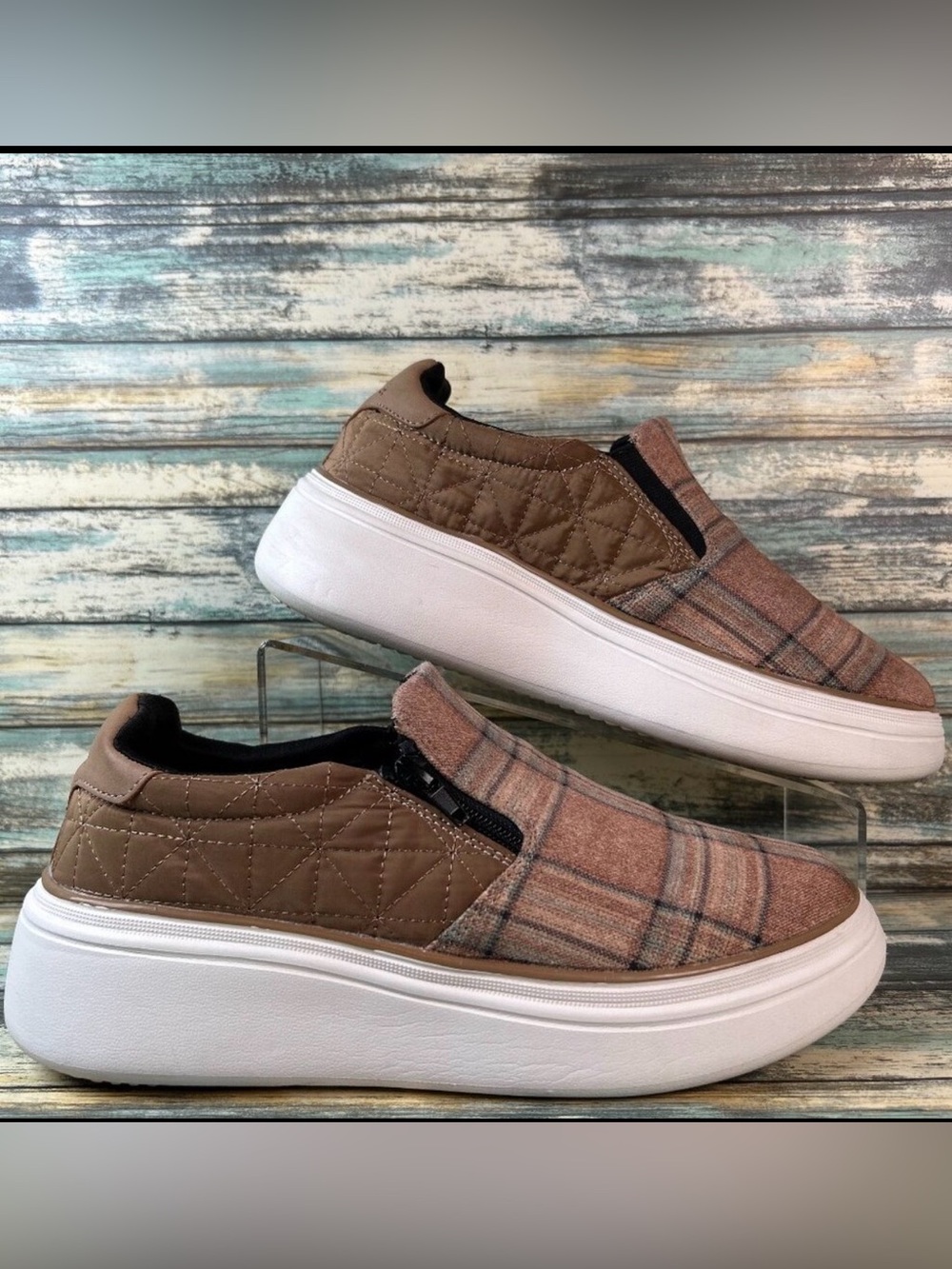 Orthocomfoot Platform Loafers Womens 8.5 Brown Plaid Quilted Wedge Comfort Shoes